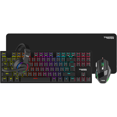 Twisted Minds 4-in-1 Gaming Bundle - Wired Keyboard, DPI Adjustable Mouse, Rainbow Static Headset & Mouse Pad - TM-FUSION-XI